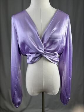 NWT Forever 21 Women's Lavender Satin Wrap Crop Lng Sleeve Top Med Whimsigoth